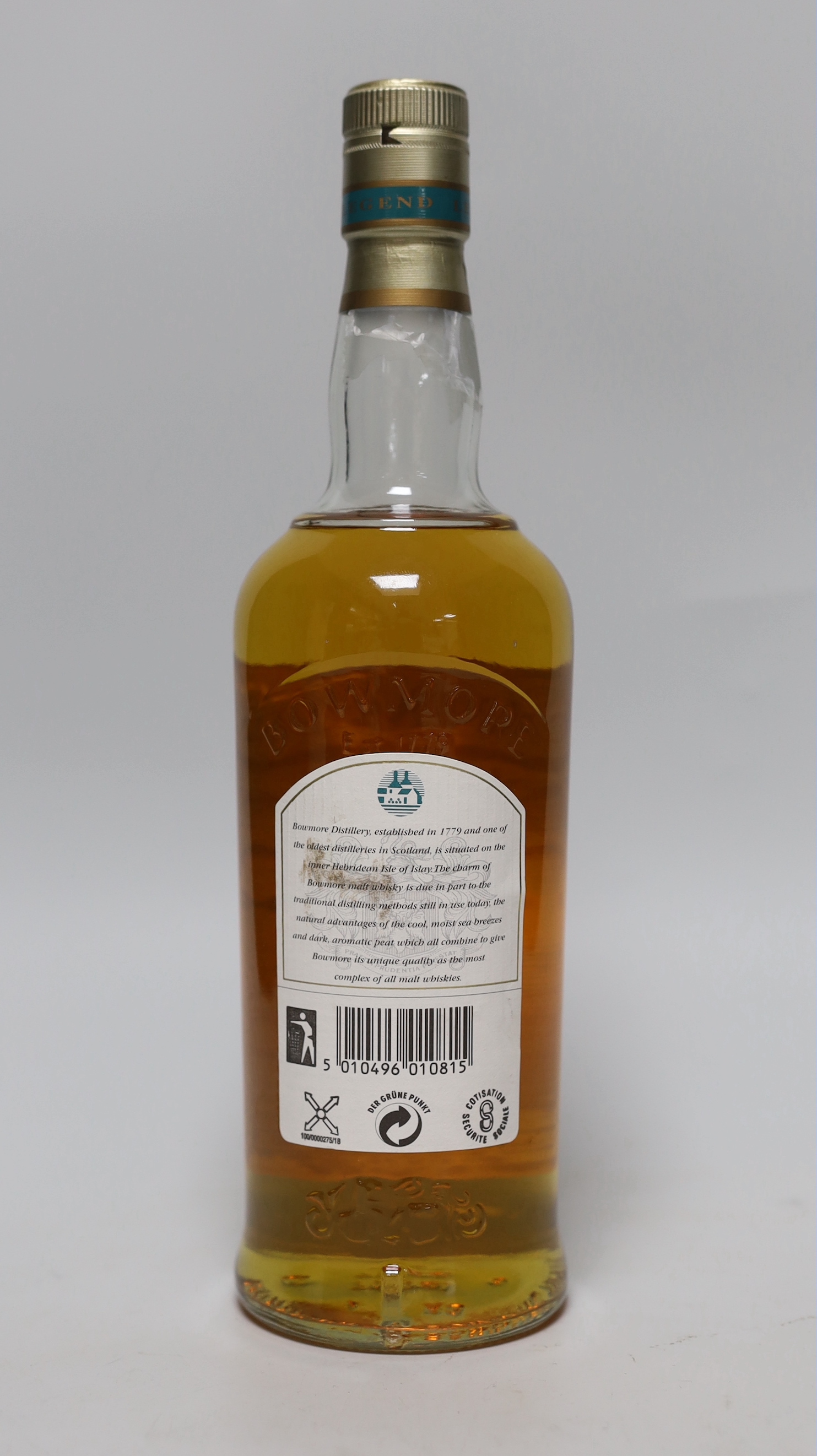 A bottle of Bowmore Islay single malt whisky